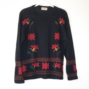 Vintage Black Baby Alpaca Floral Sweater L